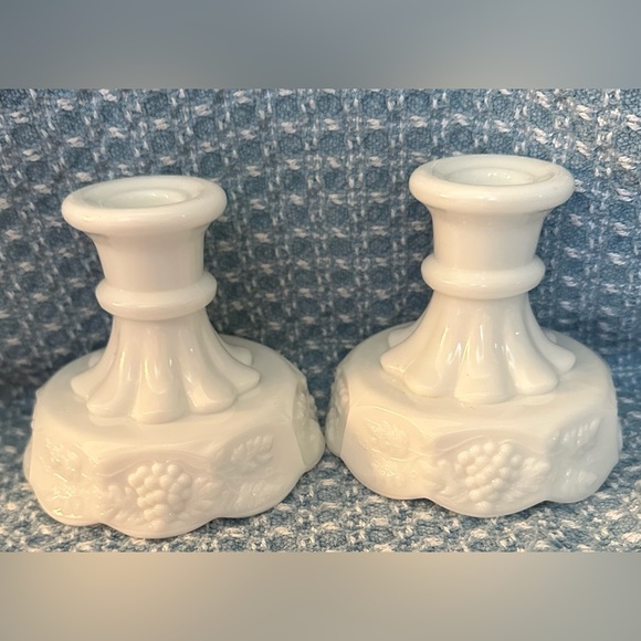 Accents Vintage Milk Glass Candle Stick Holders Grapevine Pattern